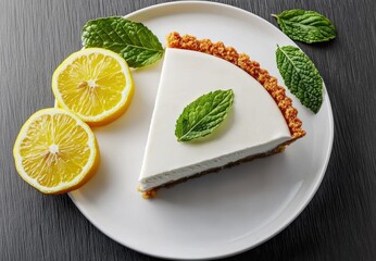 Lemon cheesecake slice presentation kitchen table food photography minimalist aesthetic appeal