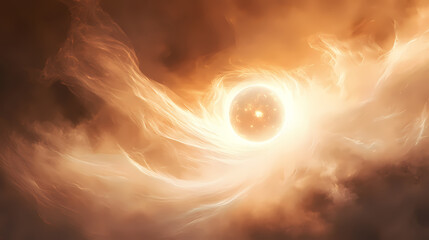 A luminous orb rests serenely amidst swirling ethereal vapor, a captivating display of light and mist. Celestial Mist. Illustration