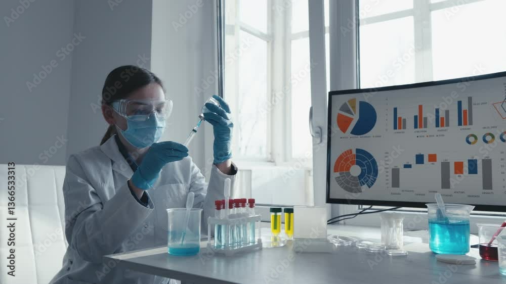Poster a scientist in protective gear analyzes solutions in a lab, showcasing the rigorous process of medic