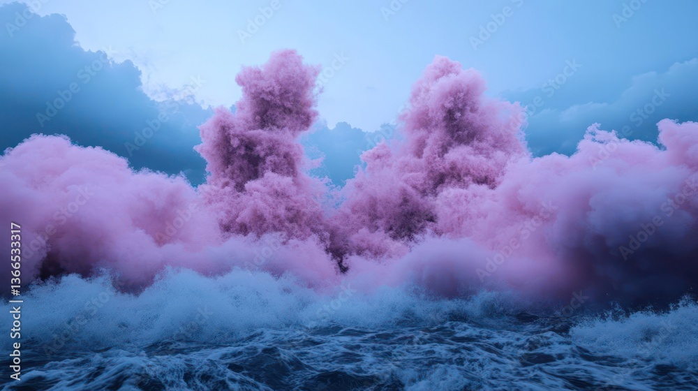 Poster abstract pink cloud structures against blue sky with watery base displaying dreamlike atmospheric sc