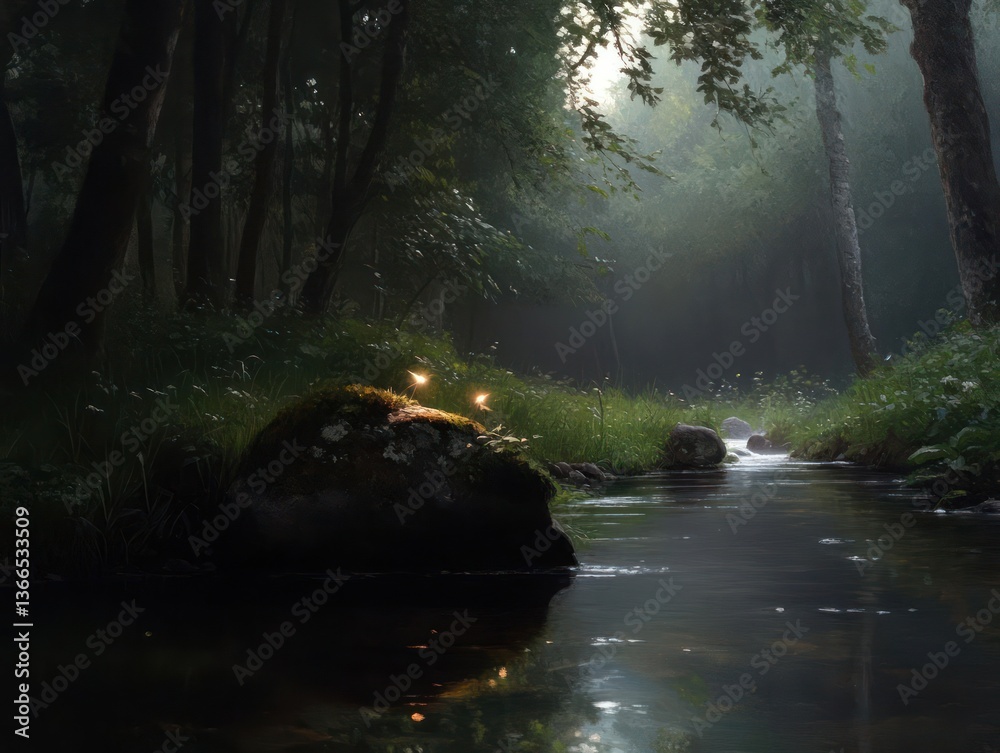 Poster Lush Forest Stream Scene with Sunlight Filtering Through Trees Creating a Serene and Tranquil Natural Environment