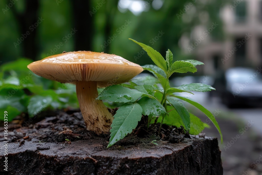 Poster close up view of a wet mushroom on a tree stump surrounded by lush green plants and blurred backgrou
