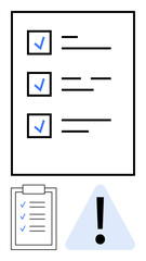 Detailed checklist with ticked items, clipboard, and caution triangle. Ideal for productivity, organization, priorities, planning, focus workflow attention. Minimal flat simple metaphor