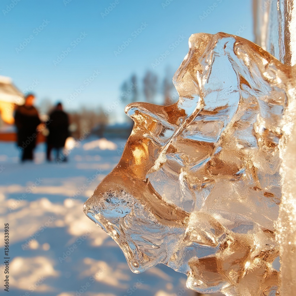 Aufkleber close up view of sparkling ice crystals and blurred people walking in snow field under blue sky