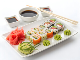 A beautifully arranged plate of sushi rolls with soy sauce, wasabi, and pickled ginger, shot from above on a clean white background