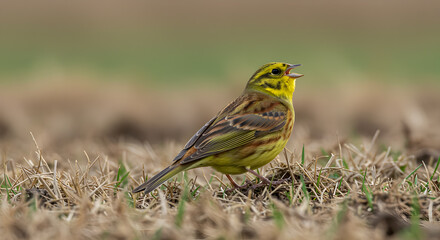 Yellowhammer in Full Song on a Farmland Meadow, with Vibrant Plumage