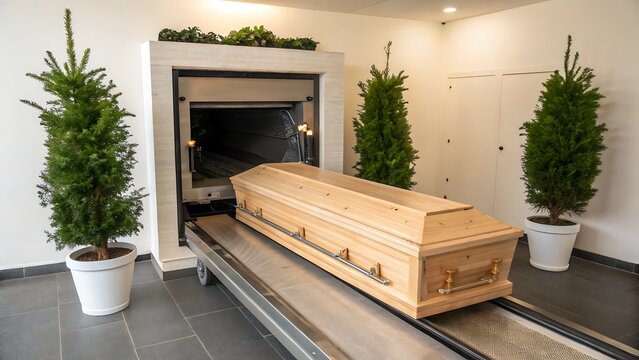A somber wooden casket moves along a metal track entering a cremation chamber within a serene funeral home surrounded by potted evergreens providing a peaceful atmosphere for final farewells