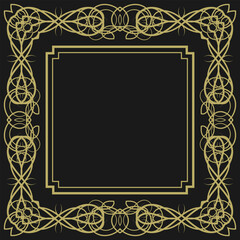 Golden square vintage frame on black background. Graceful arabesques and border. Version 4. Vector illustration