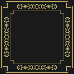 Golden square vintage frame on black background. Graceful arabesques and border. Version 6. Vector illustration