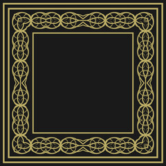Golden square vintage frame on black background. Graceful arabesques and border. Version 7. Vector illustration