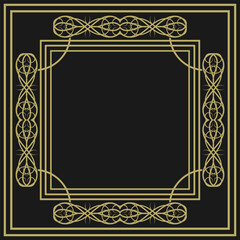 Golden square vintage frame on black background. Graceful arabesques and border. Version 8. Vector illustration