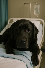 Concerned Labrador Resting on Hospital Bed