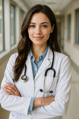 Confident Female Doctor in Hospital Corridor 