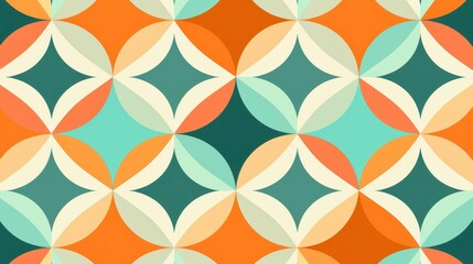 Discover a vibrant midcentury modern seamless pattern adorned with geometric floral shapes in bold, retro colors.