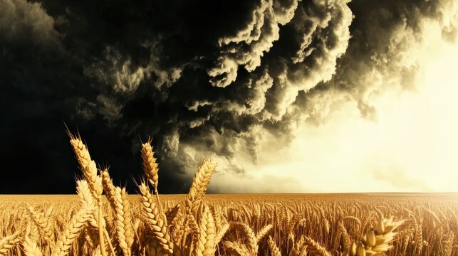 Stormy skies over golden wheat fields nature landscape dramatic weather rural environment wide angle view