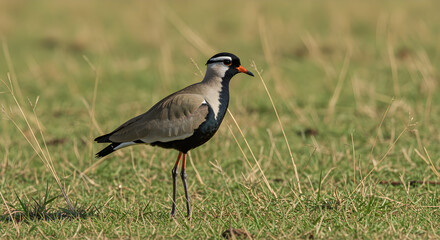 Crowned Lapwing portrait amidst grassy African plains, a serene wildlife shot