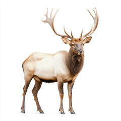 A majestic elk stands proudly, showcasing its impressive antlers against a pure white backdrop, symbolizing grace.