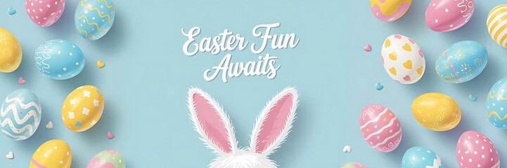 Easter Party Concept with Bunny Ears Colorful Easter Eggs Delicate Spring Flowers on a Pastel Blue Background with Copy Space for Festive Designs Greeting Cards and Holiday Invitations. Easter Holiday