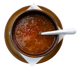 Traditional Slovak cabbage soup Kapustova with smoked meat and vegetables. Isolated over white background