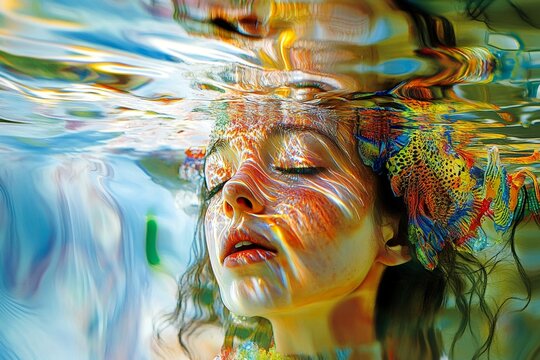 Drowning - nightmares, bad dreams: abstract image of health condition. Stress nightmare. Nightmarish visions. Metaphorical drowning awareness of fear and despair. Panic-induced dreams.