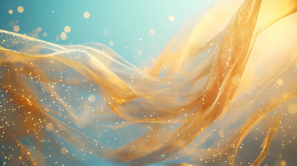 A shimmering veil of gold and blue particles suspended in the air amidst a subtle gradient background, gradient, surreal, gold. Dreamlike Veil. Illustration