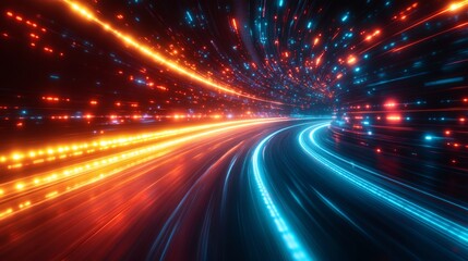 Obraz premium Illuminated Tunnel of Speed and Technology. This dynamic artwork portrays a high-speed tunnel created by glowing lights in a futuristic style.