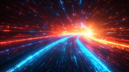 Vibrant light trails zoom through a tunnel of neon colors, creating an effect of speed and energy. The perspective draws the viewer into the heart of the dynamic scene.
