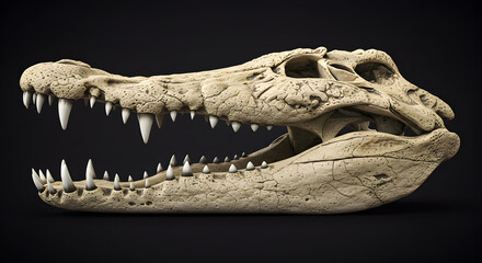 Detailed Crocodile Skull Fossil with Sharp Teeth Exhibited on Dark Background