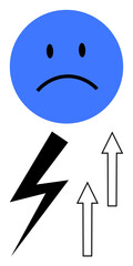 Blue sad face with bold lightning bolt below and two white upward arrows. Ideal for themes thumbs up stress management, overcoming challenges, progress, motivation, growth, energy, and change. Flat