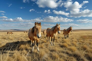 Przewalskis Horse Conservation Last True Wild Horse Roams Again Przewalskis horse once extinct wild been reintroduced Mongolias steppe Show small herd of Przewalskis horse grazing open plain under