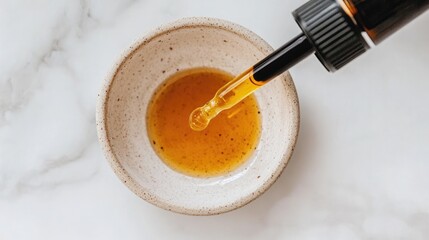Luxury facial oil dropper releasing golden serum onto a sleek ceramic dish.