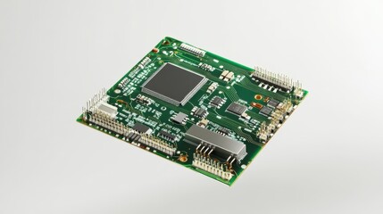 A green electronic circuit board showing microchips and components