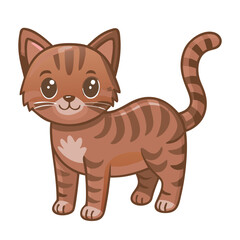 A charming cartoon cat with brown stripes and a playful posture. The cute kitten stands with an adorable look on its face and a swishy tail
