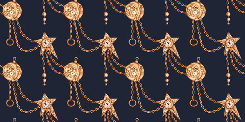 Gold chains, hanging stripes, star, rings, Christmas balls watercolor illustration, hand drawn. New Year's seamless pattern in steampunk style. Isolated on a blue background.