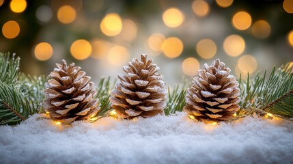 A cozy winter scene featuring snowy pine cones and fir branches adorned with festive lights, perfect for holiday cheer.