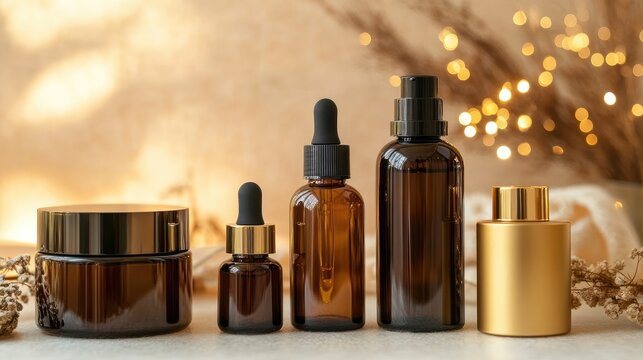 Luxury hair repair treatment products glowing under soft golden light.