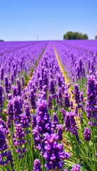 Fototapeta premium Purple lavender field in full bloom, sunlit rows, sprig, fragrance