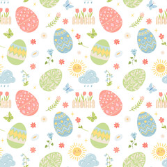 Easter seamless pattern with eggs, spring flowers, sun, tulips, butterflies, daisy. Happy Easter background for invitations, banners, gift wrapping, kids' textiles, packaging, and greeting cards.