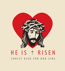 Easter banner or greeting card with portrait of crying Jesus Christ wearing crown of thorns against sign red heart. Vector illustration on religious theme with Son of God