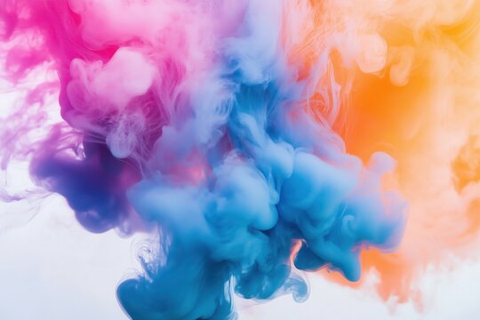 A dramatic action shot of billowing plumes of pink, blue, and orange dense smoke swirling in the air, set against a minimal background.