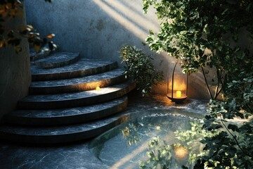 Elegant Stone Stairway and Water Feature with Ambient Candle Lighting