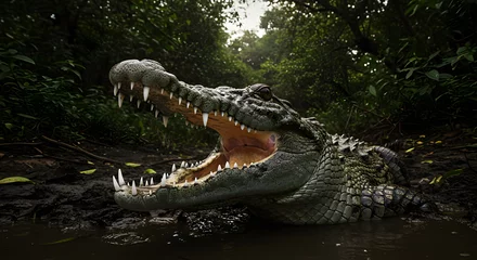 Fototapete Rund Menacing crocodile with jaws open wide amidst lush jungle foliage backdrop © SEKAR