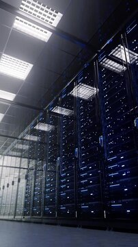 Modern interior server room data center. Cloud computing datacenter server room. Connection and cyber network. Backup, mining, hosting, mainframe, farm, cloud and computer rack