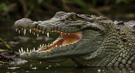 Obraz premium Menacing Nile Crocodile displaying its razor sharp teeth with jaws open wide