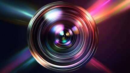 Vibrant Camera Lens with Colorful Light Flares Ideal for Photography and Technology Themes