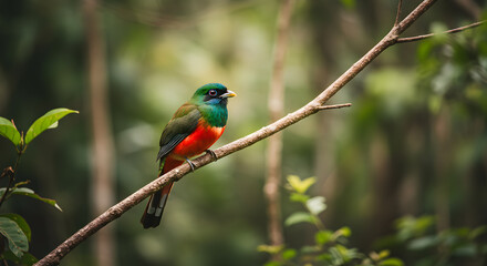 Obraz premium Vibrant cuban trogon perched peacefully on a branch within lush green forest