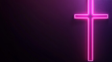 Fototapeta premium A bright neon pink cross stands against a dark purple background