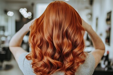 Fototapeta premium Woman showing her long wavy red hair in hair salon