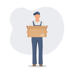 Man in overalls carry box. The concept of cargo transportation and delivery. Illustration