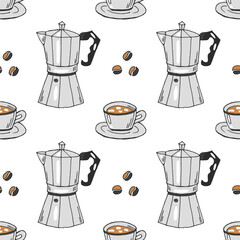 Seamless pattern hand drawn coffee makers, coffee cups and coffee beans. Textile, print